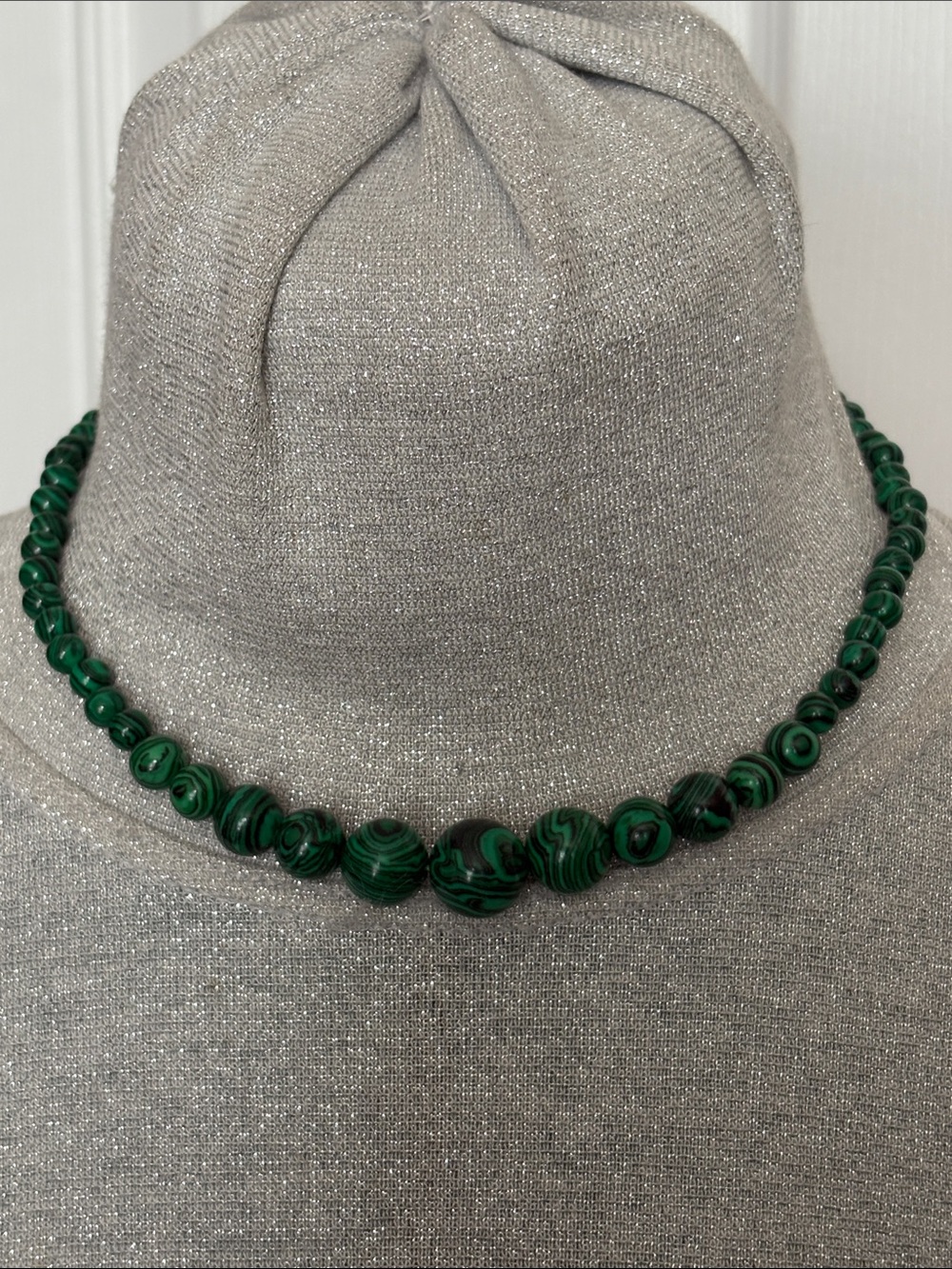 Malachite Bead Necklace - Deep Green Striped Graduated Stone Beads